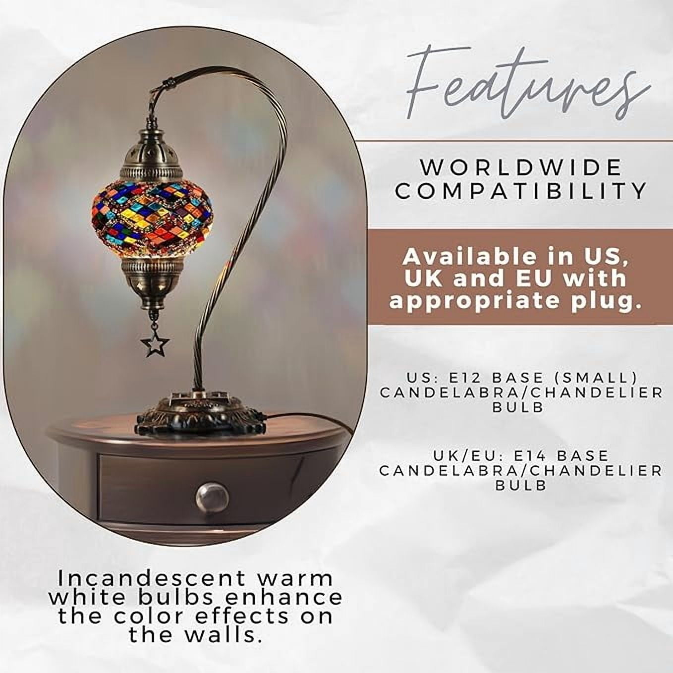 DEMMEX Authentic Turkish Mosaic Table Lamp, Handcrafted Bedside Accent Light, Antique Brass Metal Base, Vintage Moroccan Boho Decor Lamp, Multicolor