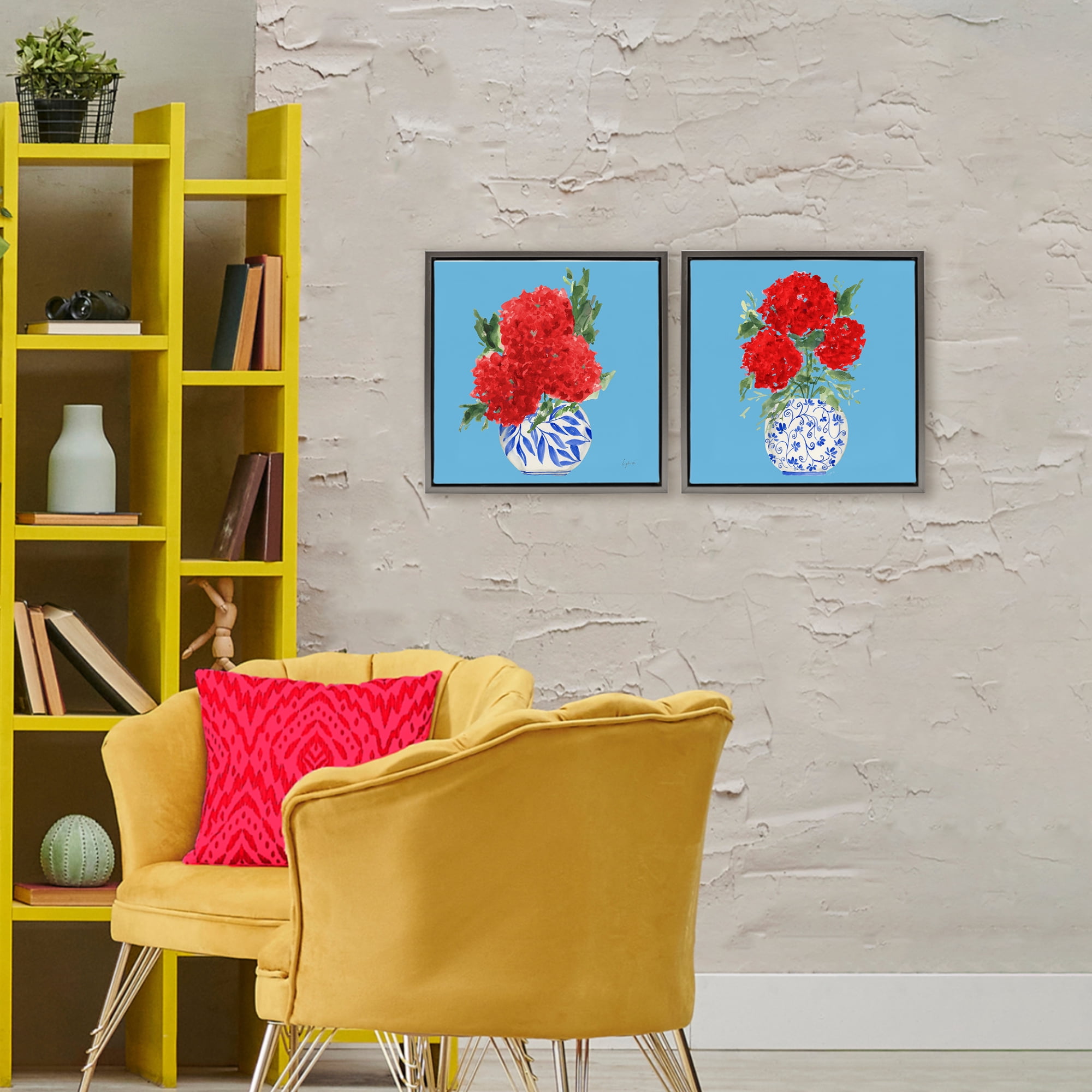 Stupell Industries Bright Red & Blue Hydrangeas 2 Piece Gray Framed Floater Canvas Set, design by Lucille Price