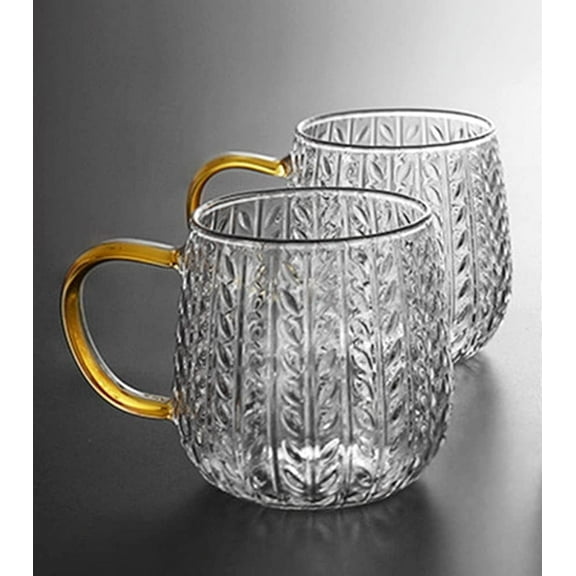 Wheat Ears Drinking Glasses Water Glassware with Golden Handle, Heat Resistance Juice Iced Tea Milk Cups, 360 ml/ 12 oz (Set of 2)