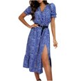thumbnail image 2 of Offre Limitée: Hot Savings: Robe Mi-Mollet Imprimée pour Femmes, Robe à Manches Courtes Col en V, Robe Décontractée Mode, Parfaite pour les Événements d'Été, Vêtements Décontractés, et Sorties d'Une Journée Bleu Sopatinor S, 2 of 9