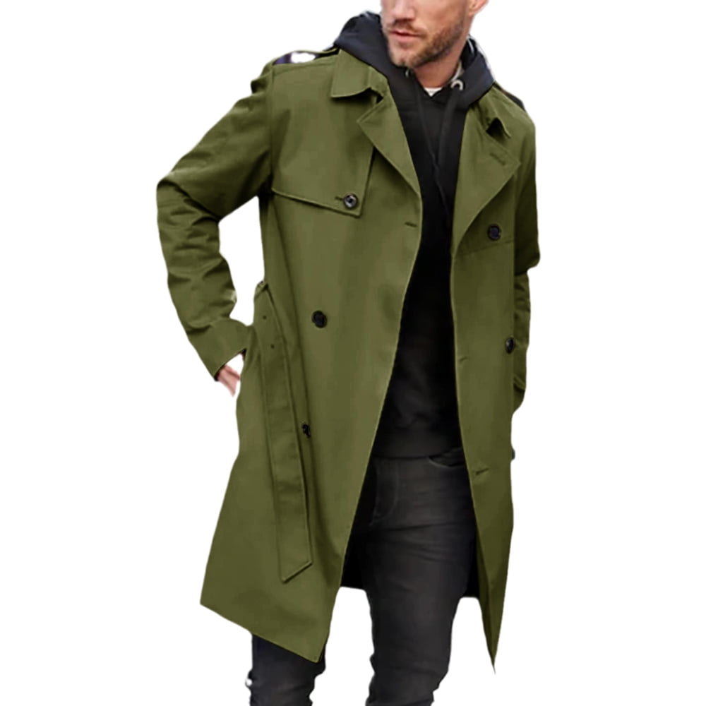 Men's Trench Coat Slim fit Lapel Double Breasted Belted Windbreaker Long Jacket Windproof Button Overcoat Stylish 