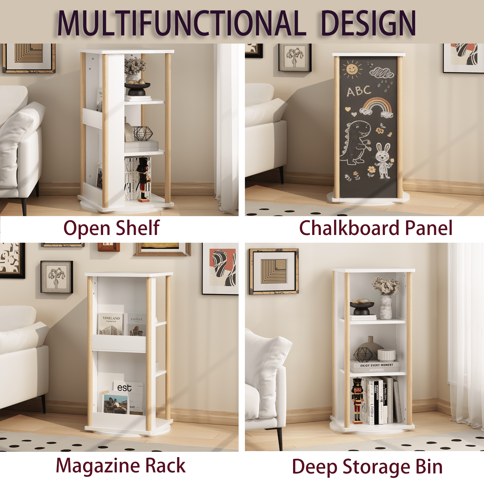 3 Tier Rotating Bookshelf, 360° Spinning Kids Bookshelf, Wood Revolving Bookcase & Toy Storage Organizer for Bedroom,Living Room,Nursery,Natural