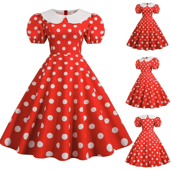 Elainilye Fashion Party Dresses for Women Vintage Print Round-Neck Short Sleeve Puff Sleeve Polka Dress,Red