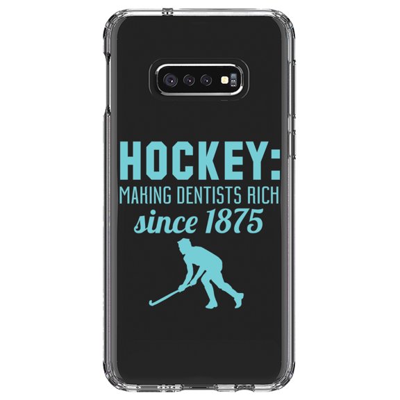 DistinctInk Clear Shockproof Hybrid Case for Samsung Galaxy S10e (5.8" Screen) - TPU Bumper Acrylic Back Tempered Glass Screen Protector - Hockey Making Dentists Rich Since 1875