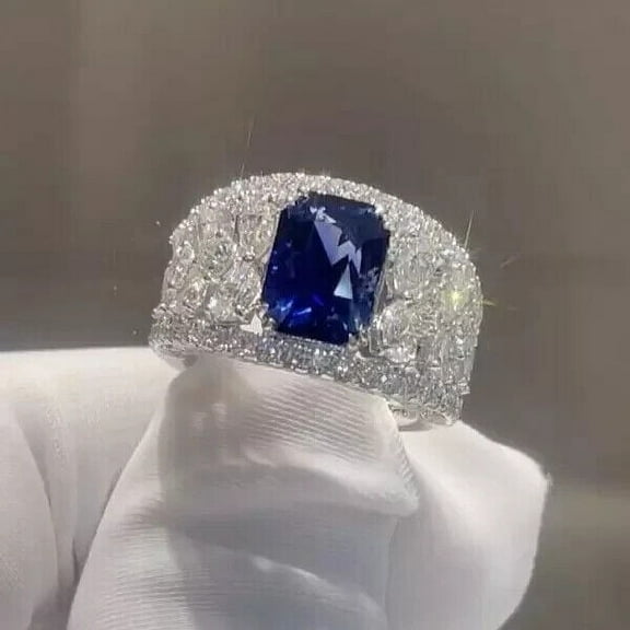 3Ct Radiant Cut Lab Created Blue Sapphire Cluster Wedding Band Ring 14K White Gold Plated Sterling Silver