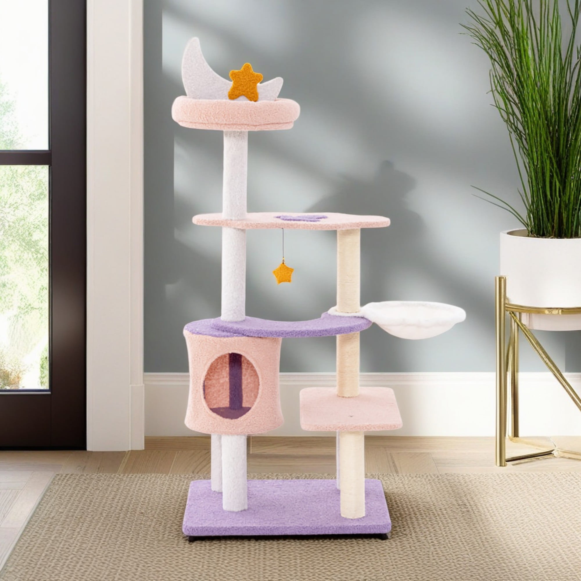 Kadyn 55" Cute Cat Tree Tower for Indoor Cats, Moon and Star Cat Condo with Sisal Scratching Posts, Plush Perches, Kitten Cat Tree Tower Activity Center, Purple Kadyn 55" Cute Cat Tree Tower for Indoor Cats, Moon and Star Cat Condo with Sisal Scratching Posts, Plush Perches, Kitten Cat Tree Tower Activity Center, Purple