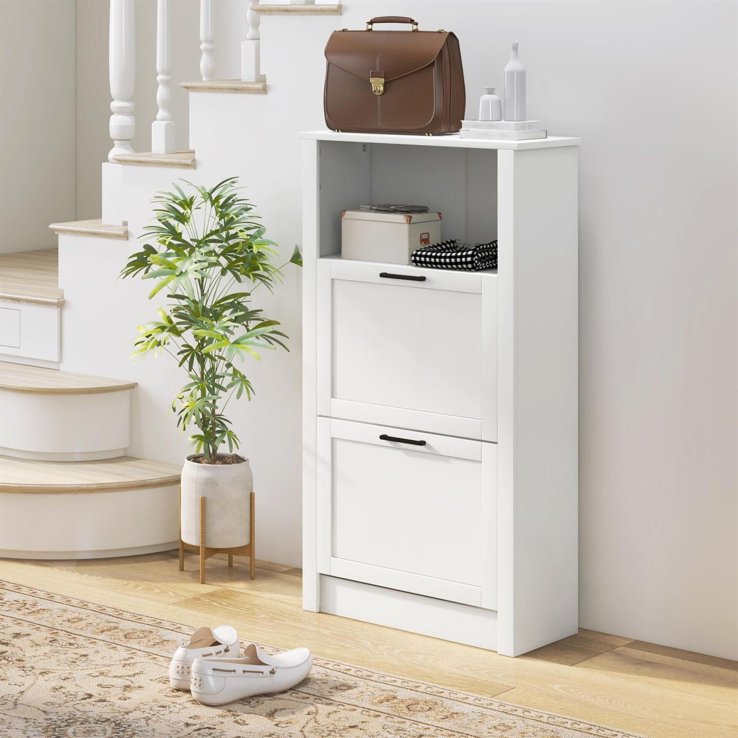 Demi Bonn 41" Shoe Storage Cabinet with Flip Drawers and Adjustable Shelves, White