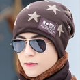 thumbnail image 1 of Gato hermano otoño invierno hombres cálido gorro de punto engrosado suéter juvenil estilo coreano estrella de cinco puntas gorro de lana con forro polar conjunto de dos piezas, 1 of 5