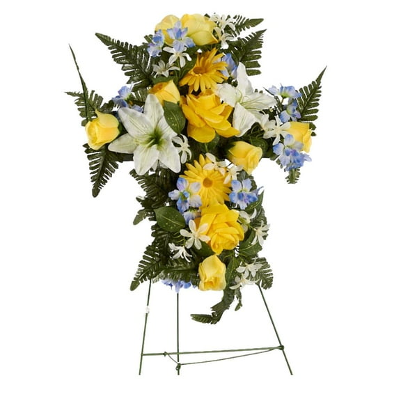 1pc Yellow Silk Flower Cross with Easel - for Funerals and Memorial - Factory Direct Craft