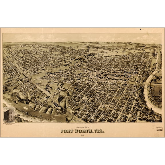24"x36" Gallery Poster, Perspective map of Fort Worth, Texas 1891