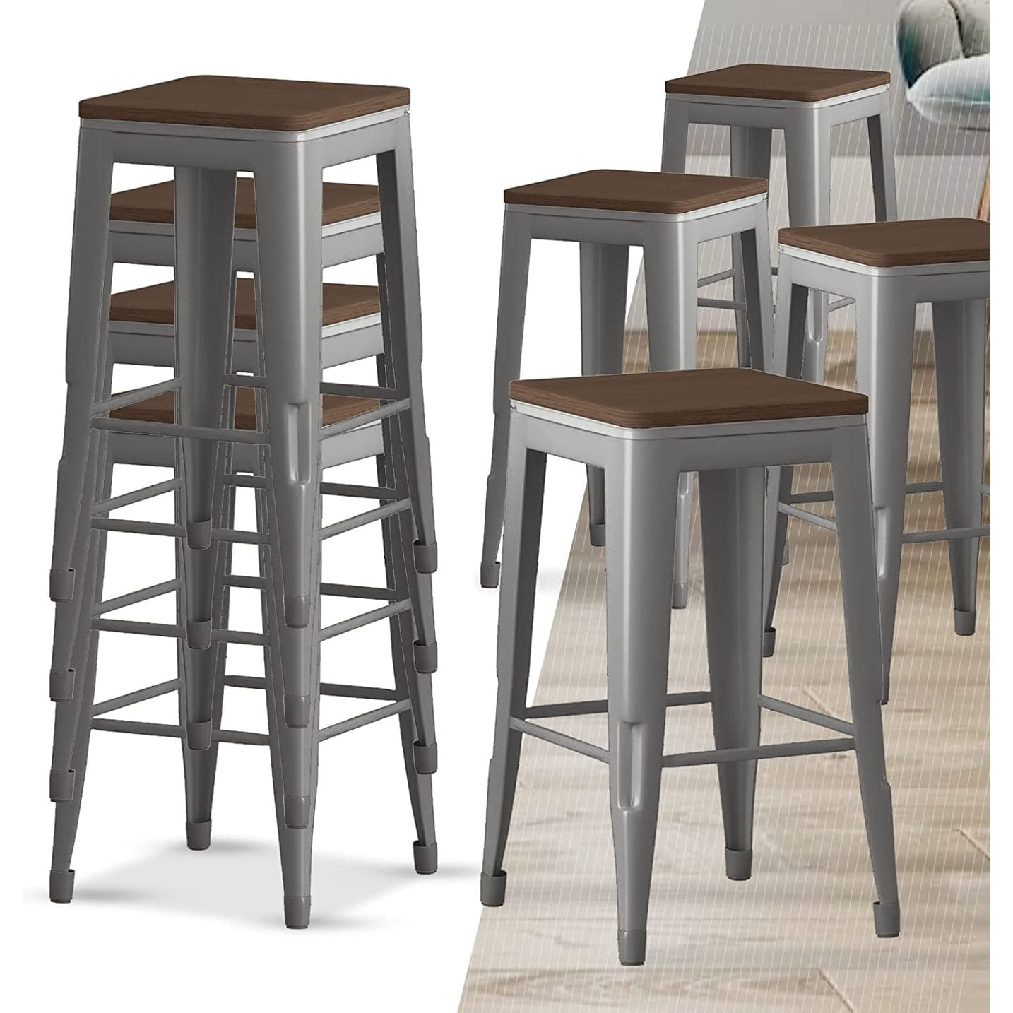Mixoy Bar Stool 26.4 Indoor Outdoor Stackable Barstools Modern Industrial Square Metal Top Bar Stools Set of 4 Grey