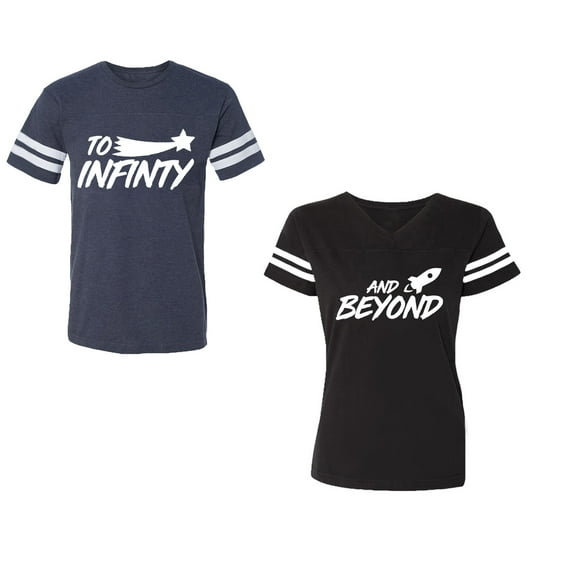 To Infinity and BeyondUnisex Couple Matching Cotton Jersey style T-Shirt Contrasting stripes on sleeves (Men Navy / Women Black) (Men S / Women S)