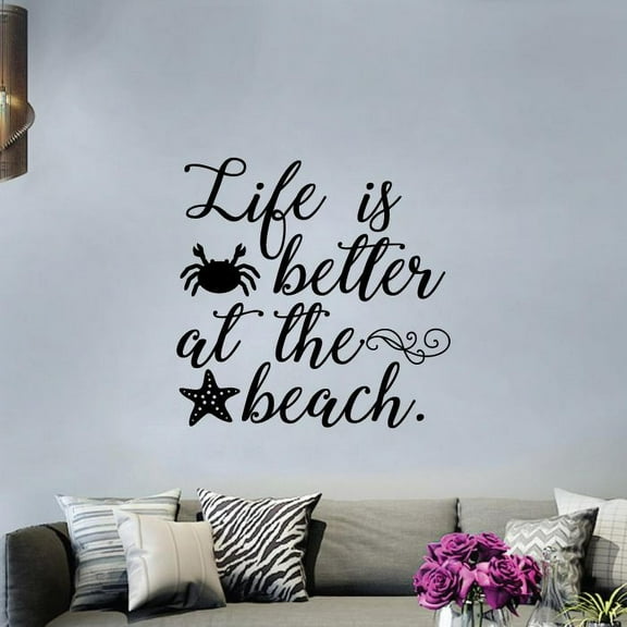 Life Is Better At The Beach - Beach Life Quotes Crabs Starfish Silhouette Vinyl Wall Sticker Art Decal Beach Area Ocean Vibes Chill Out Design House Home Decor Stickers Decoration Size (20x18 inch)