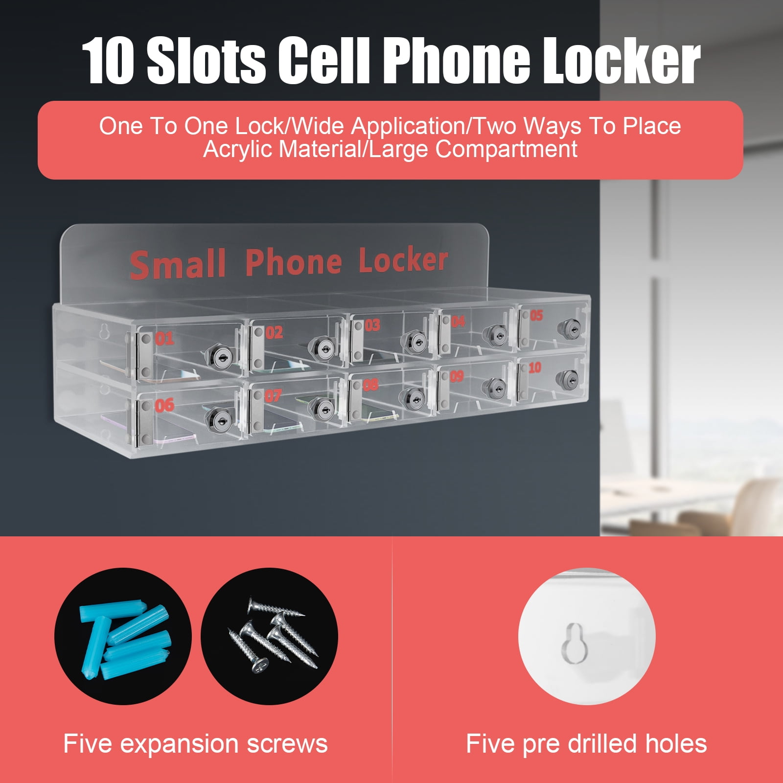 Cell Phone Locker Box Clear Cell Phone Storage Acrylic Cell Phone Lock Box with Door Locks and Keys Wall Mounted Cell Phones Storage Cabinet for Office School Classroom Factory (12 Slots)
