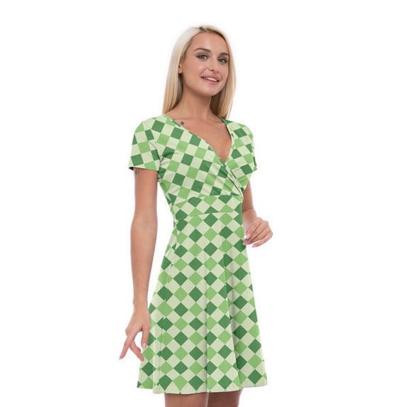 Women’s A Line Moss Green Summer Dress, Retro Triangle Arrangement, Cross Wrap V Neck, 6 Sizes, by Ambesonne