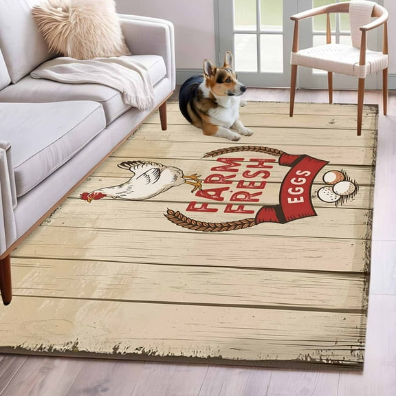 Farm Rooster Area Rug 4x6 Washable Rug Non Slip Farmhouse Brown Animals Vintage Wooden Large Area Rug Indoor Floor Carpet for Entryway Bedroom Kitchen Living Room Home Office Dining Room Nursery