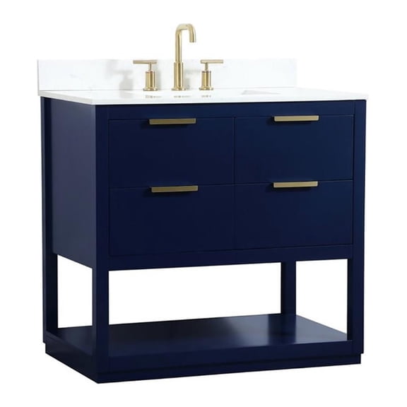 36 inch single bathroom vanity in blue with backsplash