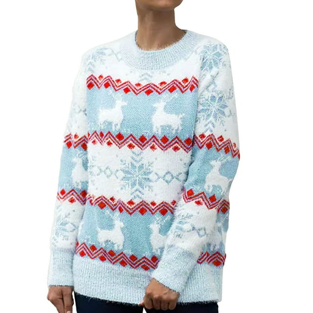 HOWPAY Chandails de Noël pour Femmes Blouse Imprimée de Noël Décontractée à Manches Longues Col Rond Chandail de Fête Chandail Hauts Coupe Ample Léger Confortable Tenues d'Automne Bleu G