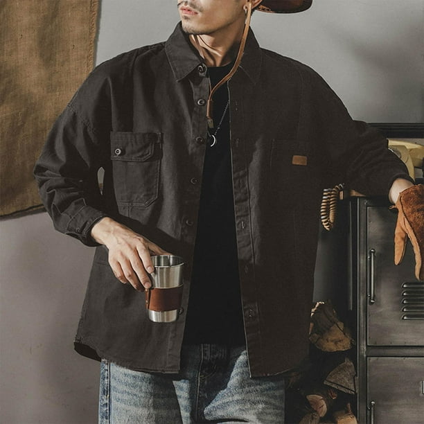 Blusa y camisa de manga larga con cuello vuelto para hombre, de poliéster, holgada, de color liso, con bolsillos y botones a la moda.