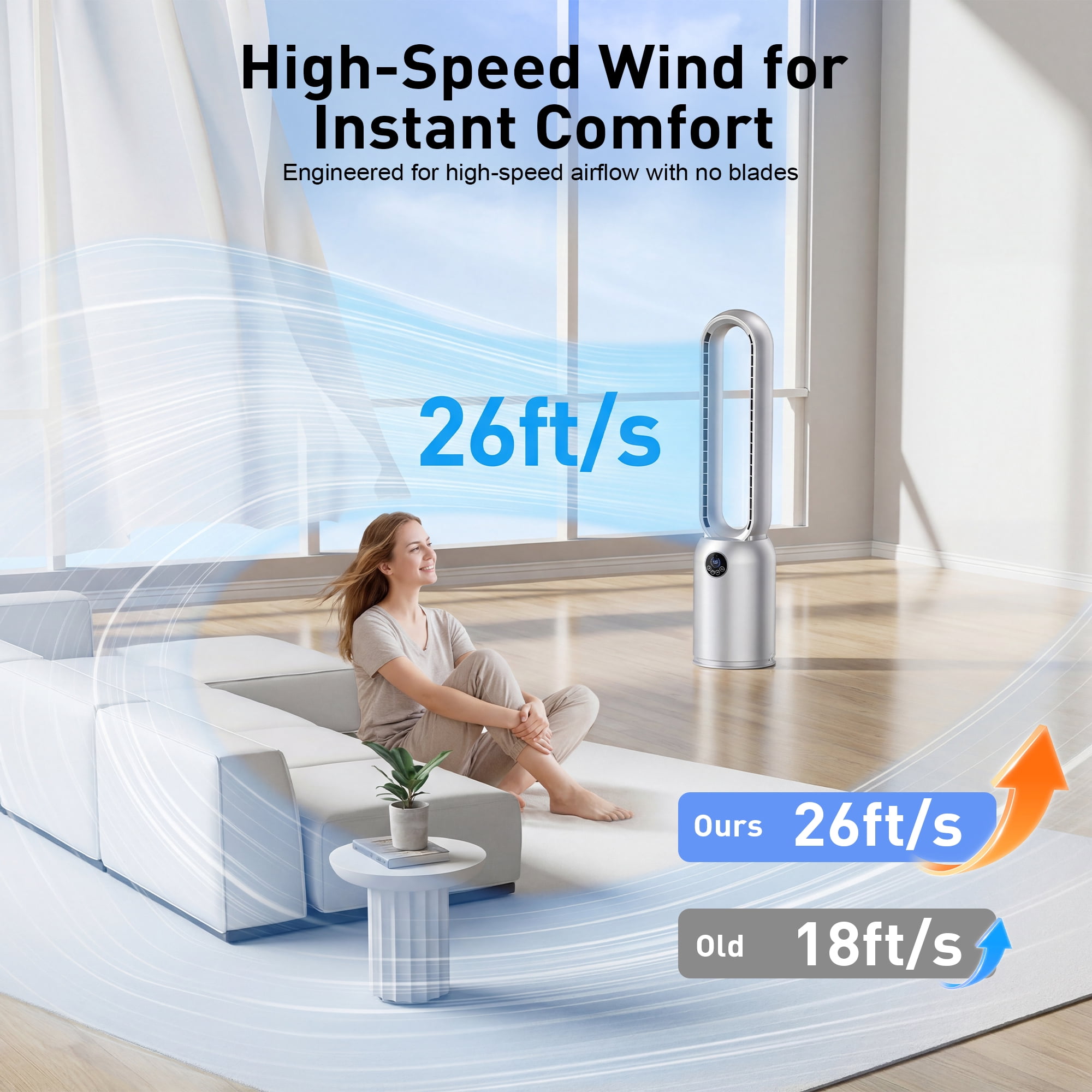ADVWIN Smart Bladeless Tower Fan, 26ft/s Fast Cooling, 24 Speeds, App Control, 90° Oscillation, Silver