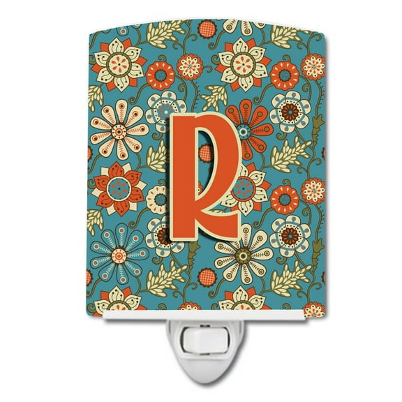 Caroline's Treasures CJ2012-RCNL Letter R Flowers Retro Blue Ceramic Night Light, 6x4x3", multicolor
