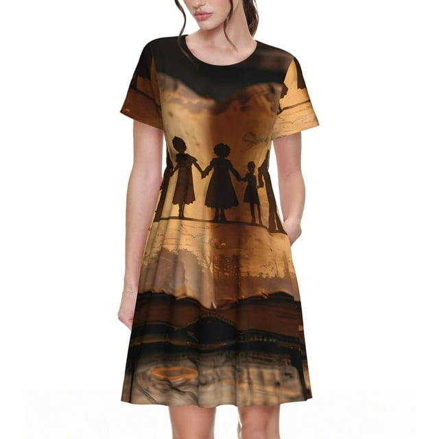Lukts Livre d'Histoire Familial Vintage pour Femmes Robe à Manches Courtes, Col Rond Chandail-Over Slim Robe Longueur Genou, Adapté pour Loisirs Quotidiens et Bureau