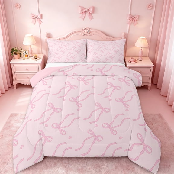 Manfei Cute Pink Bowtie Bedding Comforter Set,Cartoon Heart Print Twin Comforter Sets,Princess Bow Knot Bedding Set For Girls,Microfiber Bedroom Decor Reversible,2-Piece