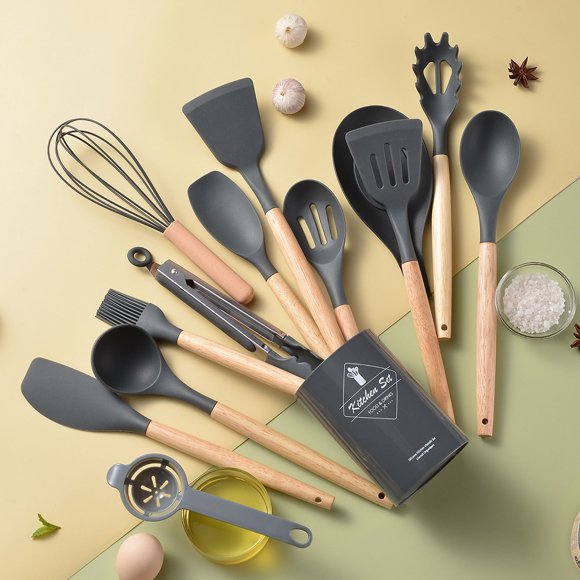 RKSTN Kitchen Utensils Set Kitchen Essentials Wooden Handle Silicone Kitchenware Set 14 Piece Round Barrel Set Non Stick Pot Cooking Spoon Kitchen Tools Kitchen Decor