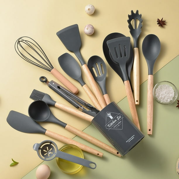Fiudx Juego de Utensilios de Cocina de Madera, 14 Cucharas Antiadherentes, Diseño Elegante con Mango de Madera, Material Seguro y Duradero, Ideal para Freír, Remover y Mezclar, Ideal para Entusiastas