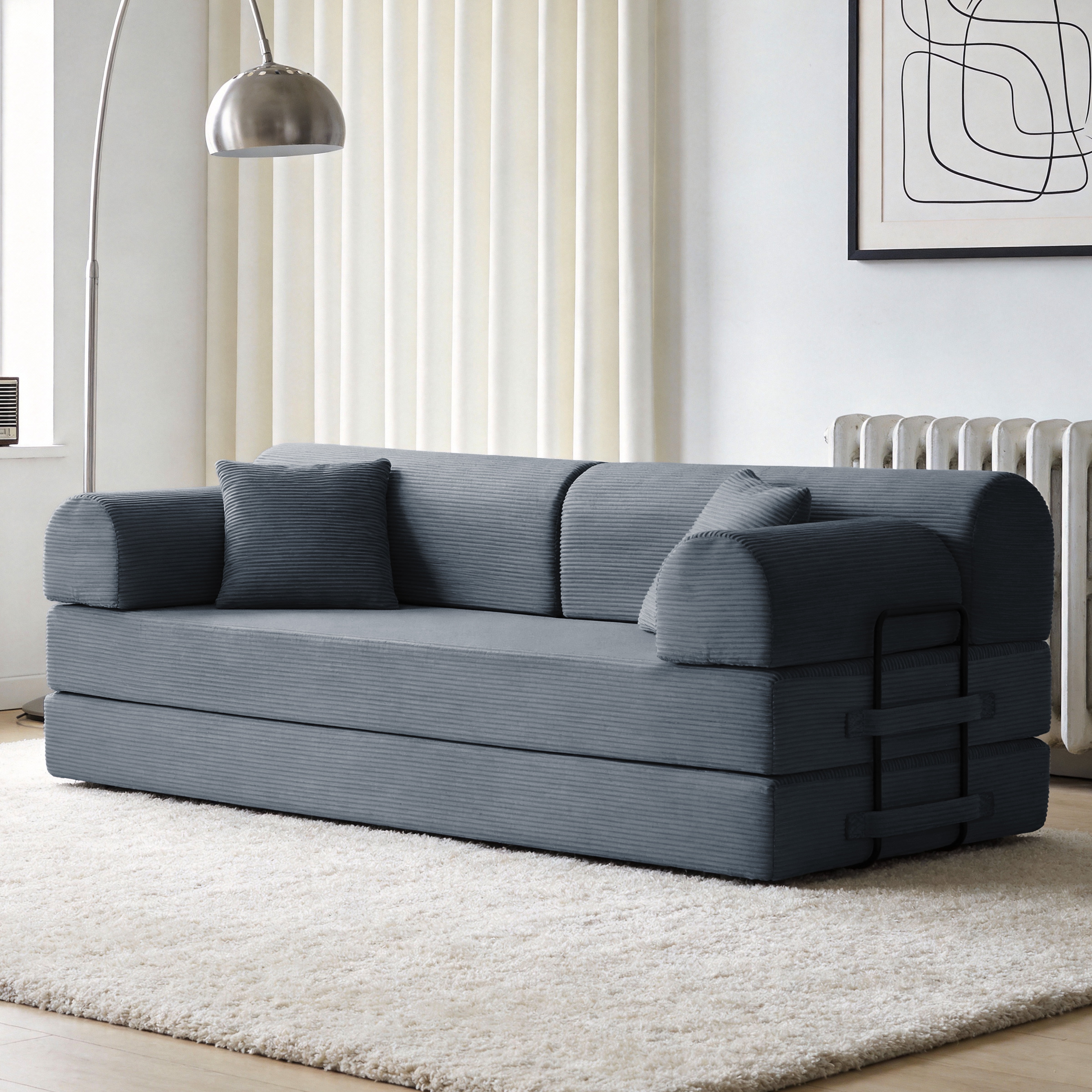 Leumius 79" Convertible Futon Sofa Bed, Boneless Couch for Living Room, Corduroy Folding Mattress Couch with Fixed-Shape Frame, Floor Sofa Lounge Couch with 2 Pillows, No Assembly,Dark Gray