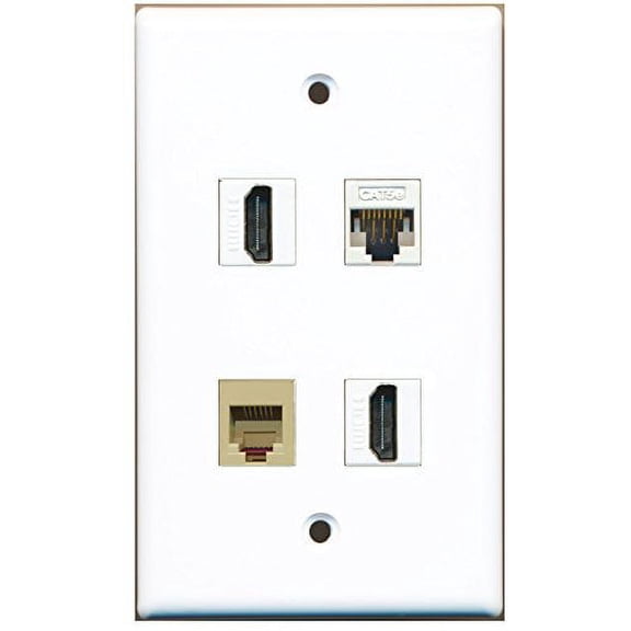 RiteAV - 2 Port HDMI 1 Port Phone RJ11 RJ12 Beige 1 Port Cat5e Ethernet White Wall Plate