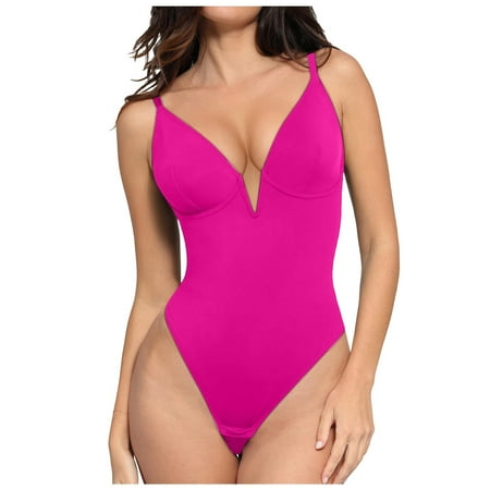 DXOUPM One Piece Swimsuit Women Deep V Neck Shapewear Bodysuit Backless Thong Bodysuit Hot Pink L