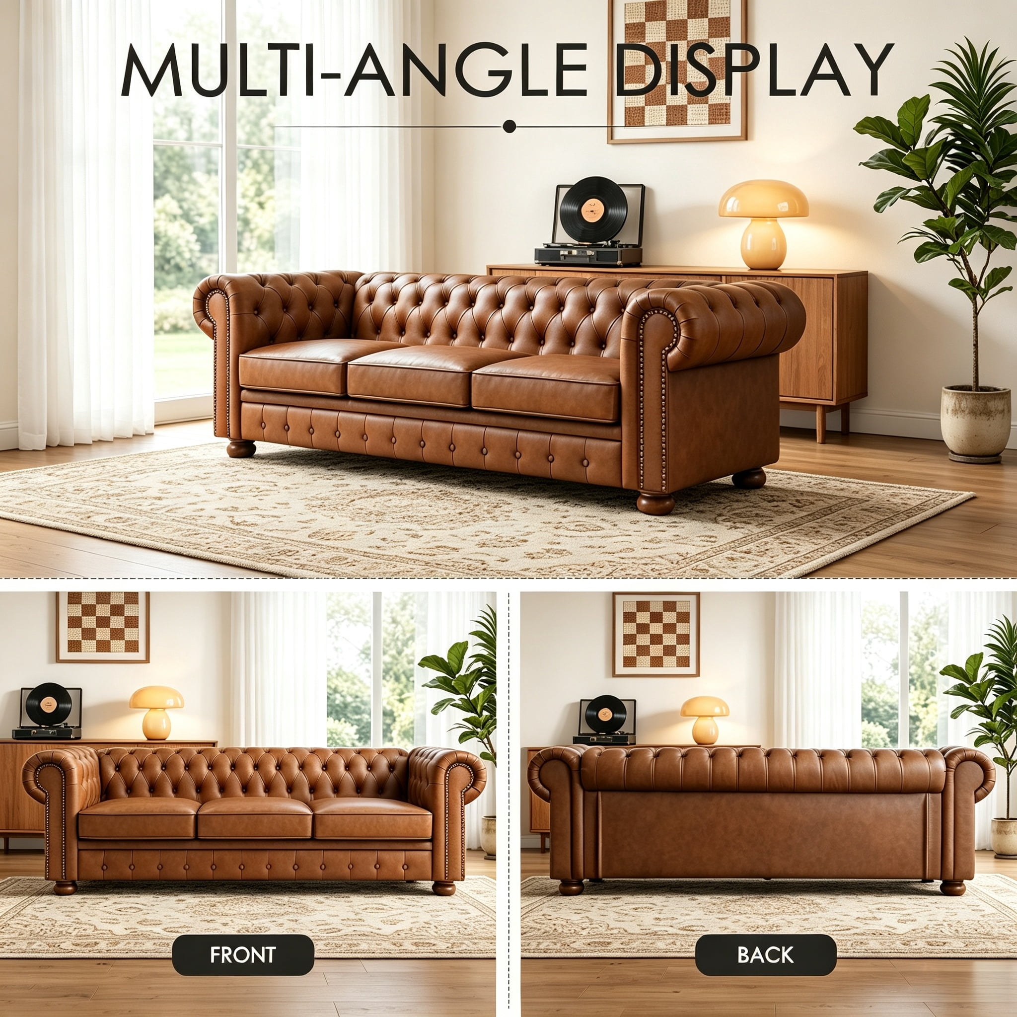 81" Brown Chesterfield Faux Leather Sofa, Rolled Arm 3 Seater Couch, Button Tufted Back, Nailhead Trim, Individual Cushions, Solid Wood Legs for Living Room, Office, Apartment