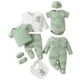 thumbnail image 3 of Pandaie 3 6 9M 8 Piece Baby Boy Girl Outfit Set Newborn Infant Summer Clothes Three Shirt Romper One Jumpsuit A Long Pants Bib Gloves Hat Green, 3 of 8