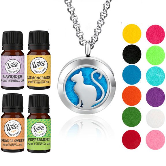 Wild Essentials Pretty Kitty Cat Necklace Essential Oil Diffuser Kit With Lavender, Lemongrass, Peppermint, Orange Oils, 8 Refill Pads, Calming Aromatherapy Gift Set, Customizable Color Changing, Perf