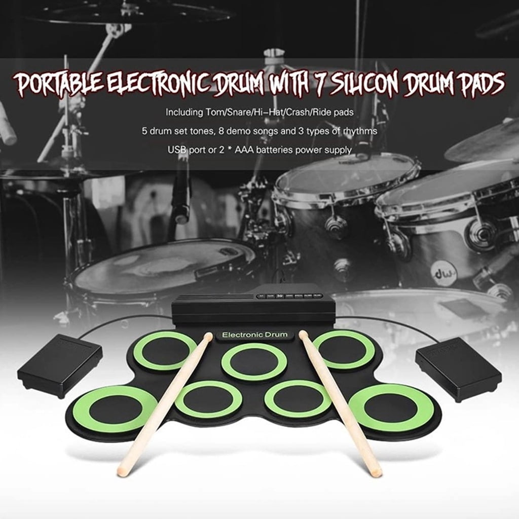 Electronic Drum Pad, 7 Pad Rolls up Practice Drum Set Built-in Speakers and Headphone Socket, Drum Sticks and Drum Pedal