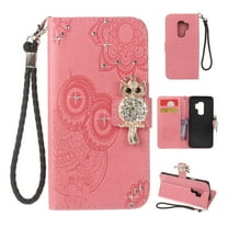 Galaxy S9 Plus Case, Galaxy S9  Case, Allytech PU Leather Cute Owl Embossed Glitter Hand Strap Folio Flip Kickstand Lightweight Cards & Money Holder Wallet Case for Samsung Galaxy S9 Plus, Pink
