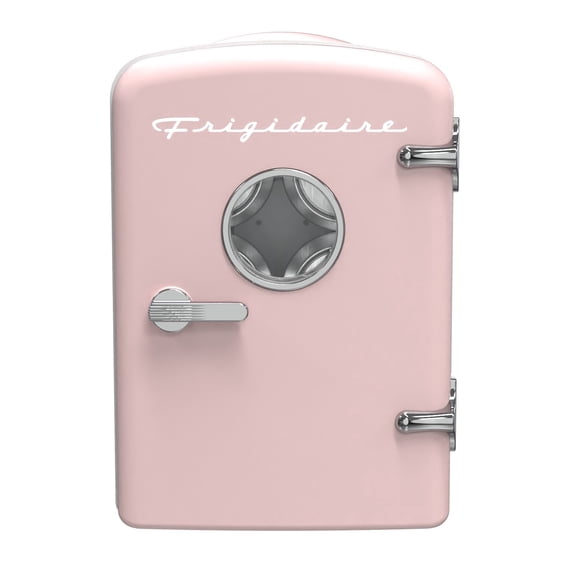 Frigidaire 6 Can Retro Mini Fridge, 4L Portable Personal Cooler with AC/DC Adapters, Skincare Fridge for Travel, Bedroom, Office, Dorm, Pink