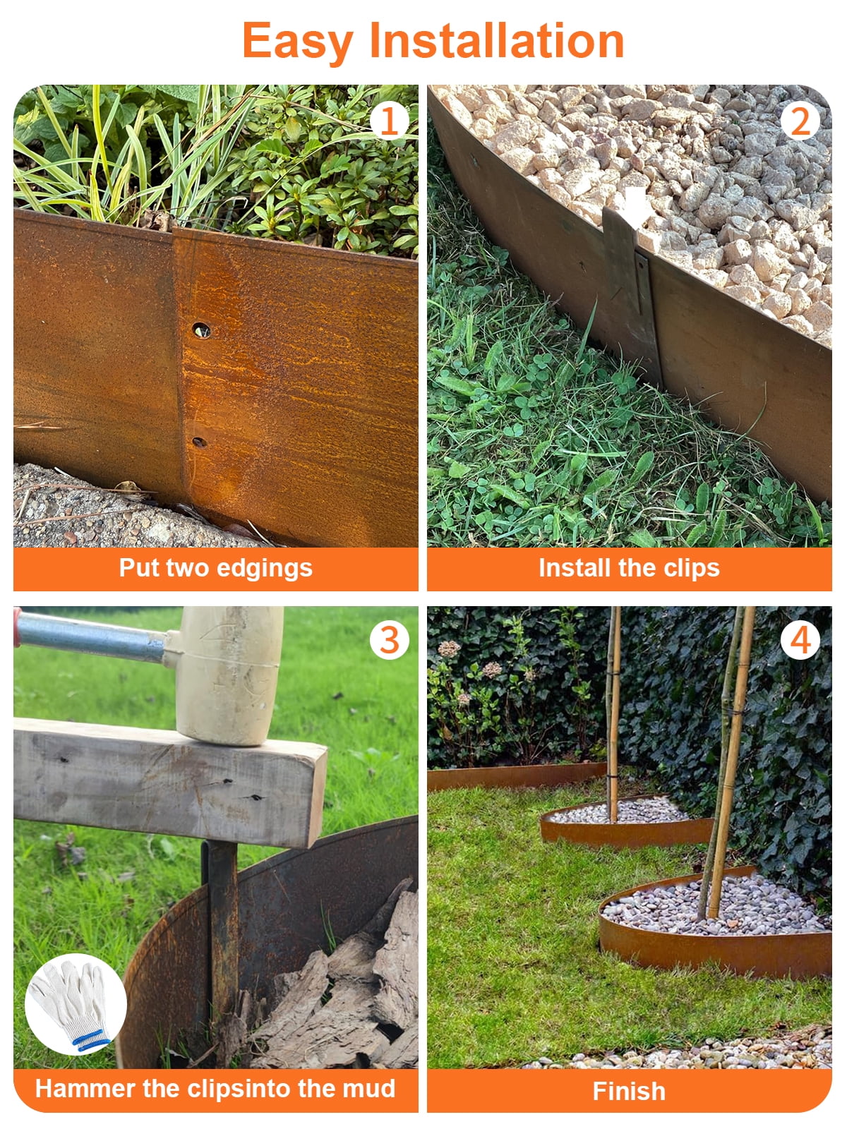 Vinci Landscape Edging Border, 40" L x 4" H 3Pack 10FT Total Rusted Corten Steel Garden Edging with Spikes, Sturdy Elegant Metal Lawn Broder for Flower Beds, Pathways, Paver Edges and Yard