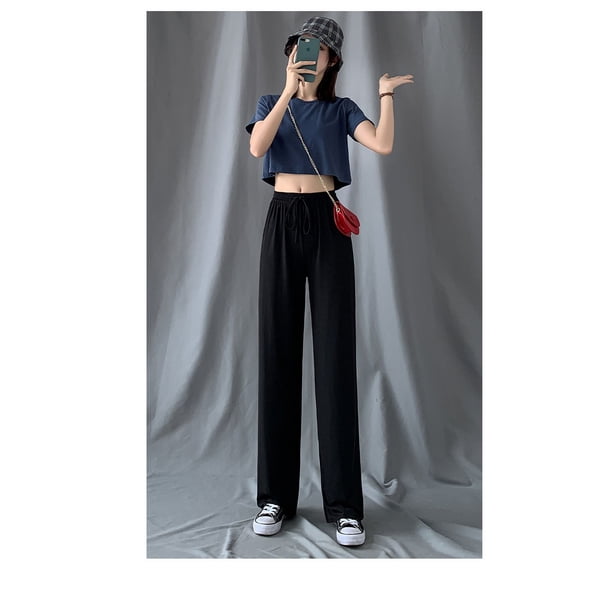 Pantalones anchos de seda de hielo para mujer, pantalones holgados de verano adelgazantes de cintura alta, pantalones drapeados, pantalones rectos con colgante, pantalones casuales de fregado