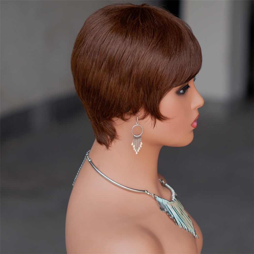 Short Brown Wig Chocolate Brown Human Hair Wigs Short Pixie Cut Wigs with Bangs