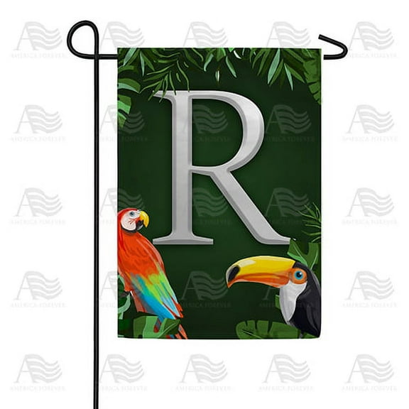 America Forever Tropical Bird Summer Monogram Garden Flag Letter R 12.5 x 18 inches Parrot Toucan Palm Leaves Double Sided Vertical Outdoor Yard Lawn Decorative Coastal Garden Flag