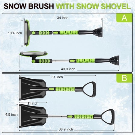 4 in 1 Ice Scraper & Snow Brush & Snow Shovel for Home Car, 43" Extendable Window Ice Removal with Squeegee for Windshield, Heavy Duty Snow Cleaner with Foam Grip & 180° Rotating Head for Auto