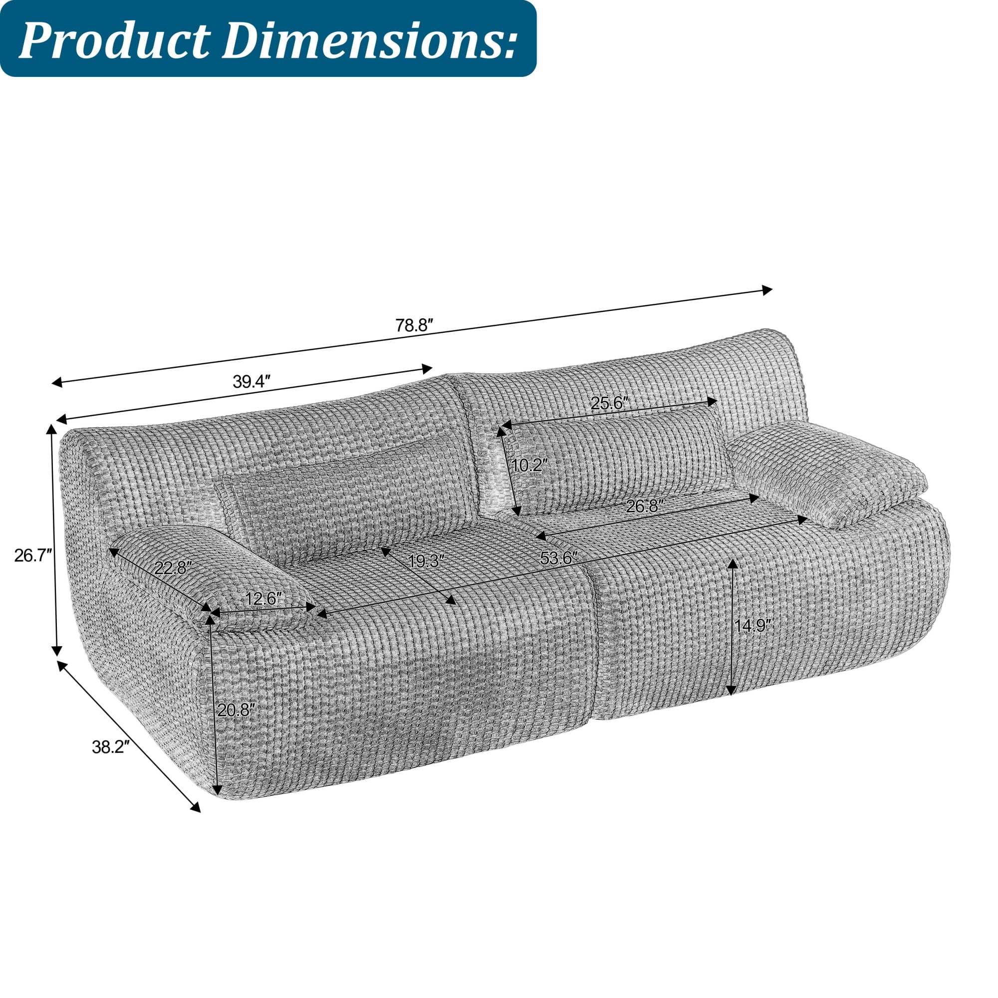 Oversized upholstered Loveseat Sofa, Compressed Boneless Couch for Living Room, Modern Modular Floor Sofa Set with Pillows