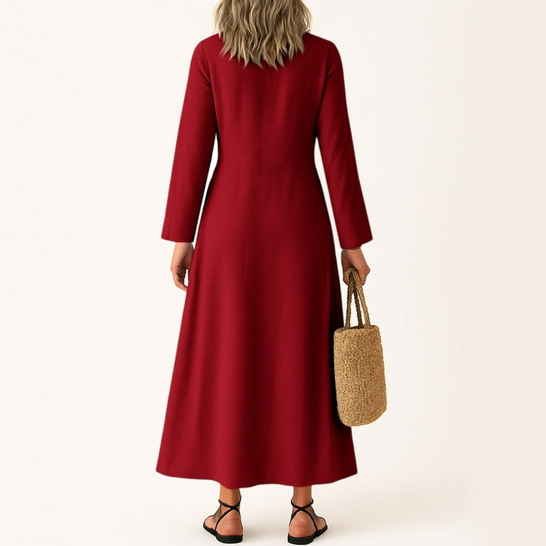 YDDIAN Long Sleeve Wrap Dress for Women Solid Color V Neck Plus