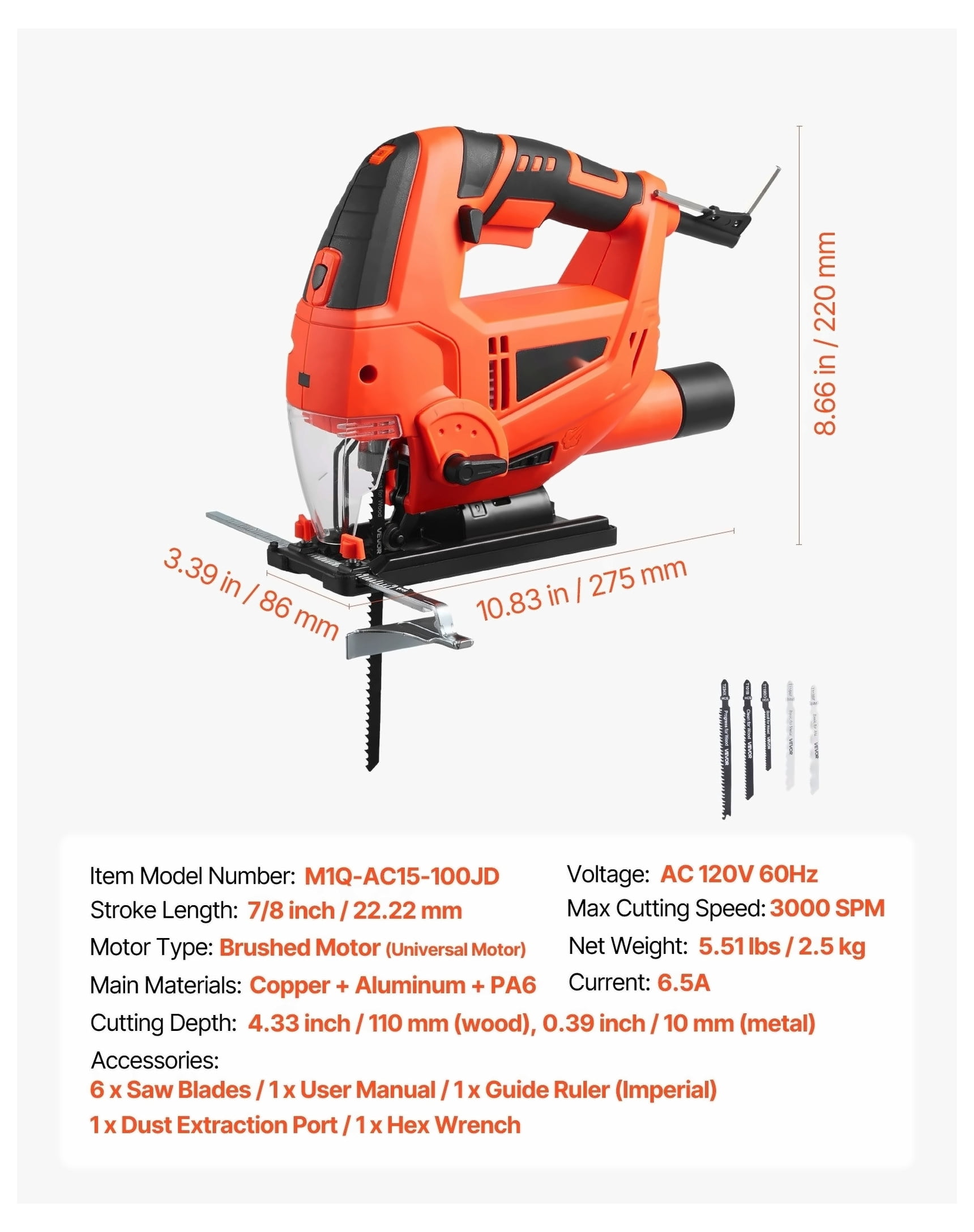 Jig Saw, 6.5 Amp, 3000 SPM Blade Speed, Electric Jigsaw with 6 pcs Blades, LED Light, 6 Variable Speed, 0- 45° Bevel Cuts, 4 Orbital Settings for Straight/Circle Cutting, for Wood and Metal