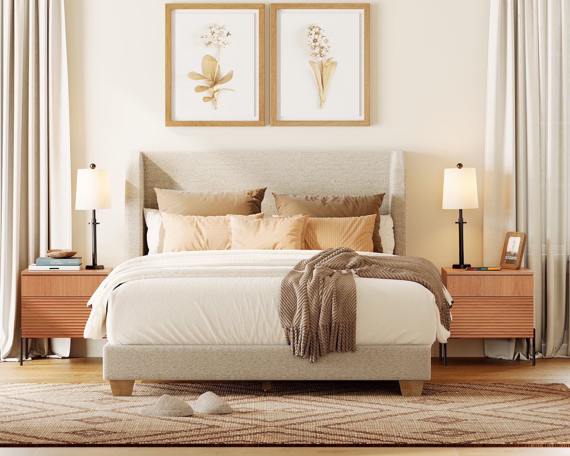 Modern Minimalist Nightstand Set Of 2, Reeded Wood End Table Set Of 2 With Built-In Charging Station For Bedroom, Living Room,Entryway