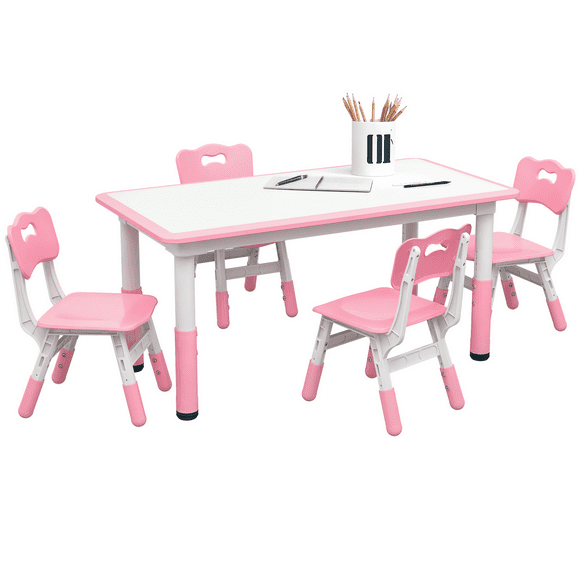 Qaba Kids Table and 4 Chairs Set with Adjustable Height, Pink