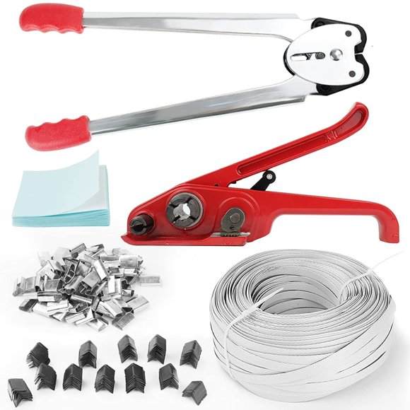 Box Packing Strapping Tool, Manual Sealer Heavy Duty Poly Strapping Tensioner Cutter Tool Kits for 1/2"-3/4" Wide Strap with 328ft Straps & 100 Buckles 50 Label 100 Edge Prot