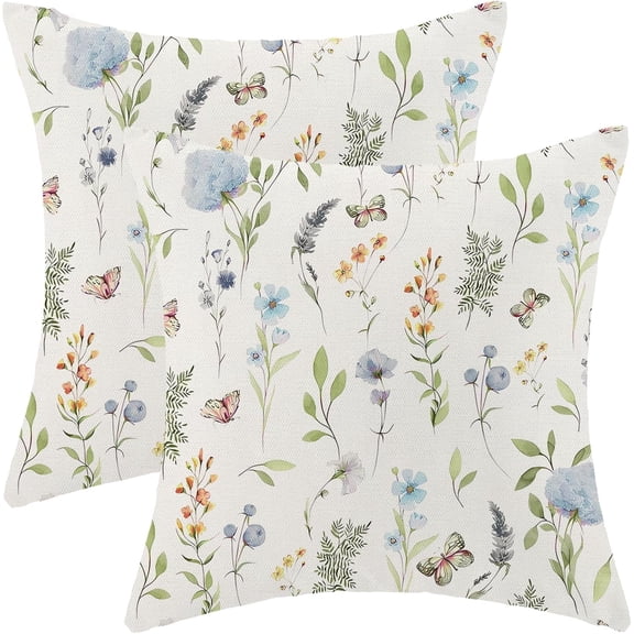 Spring Pillow Covers 16x16 Inch Set of 2, Sage Green Blue Wild Flower Throw Pillows Case,Colorful Seasonal Floral Plant Outdoor Decorative Farmhouse Decor Cushion Covers for Home Sofa Bed Couch